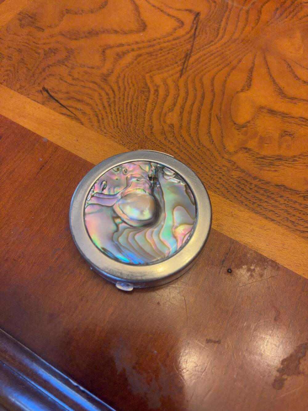 Vintage Abalone Shell Inlay Compact Mirror Powder Case